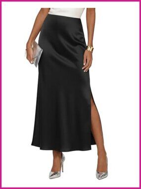 Satin High Waisted Side Split Maxi Skirt Long Flowy A-Line